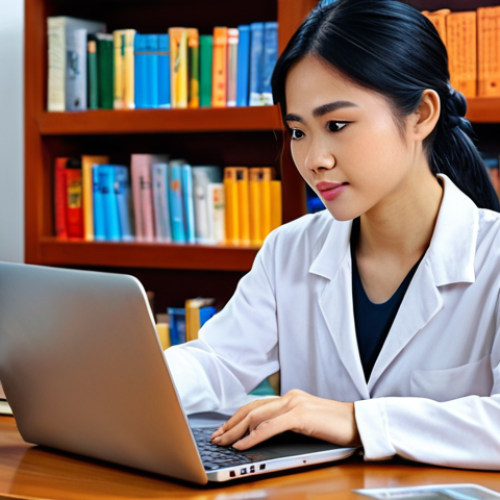 **A Vietnamese woman confidently using a laptop, surrounded by online courses and books, symbolizing lifelong learning and adapting to Industry