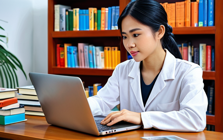 **A Vietnamese woman confidently using a laptop, surrounded by online courses and books, symbolizing lifelong learning and adapting to Industry