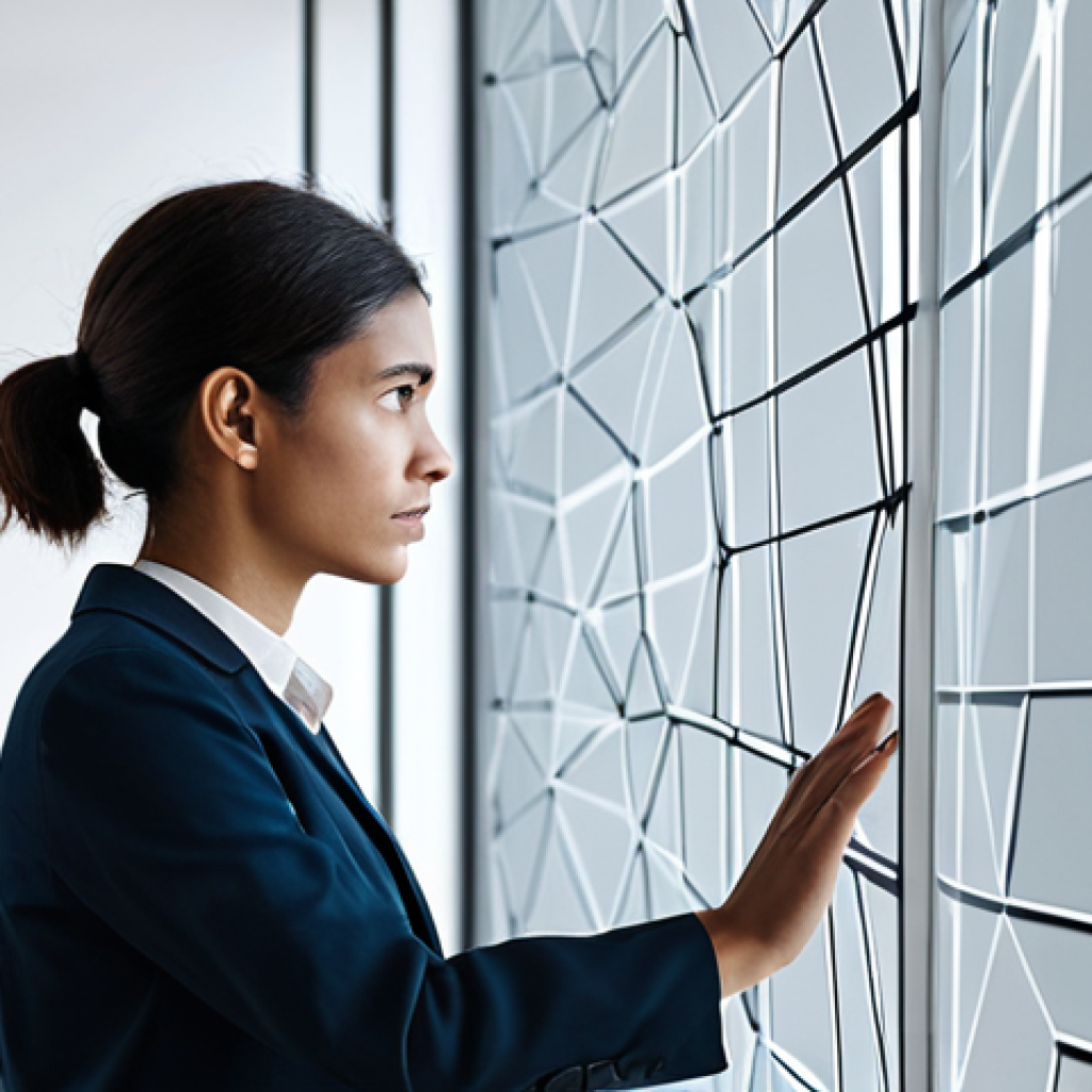 A focused professional, gender-neutral, in a modest business casual outfit, standing thoughtfully beside a large, transparent digital display. One hand gently touching the screen, which shows abstract, interconnected geometric shapes representing complex problems broken into manageable modules. A natural, contemplative pose. The environment is a clean, minimalist, modern office interior with soft, professional lighting. This is a high-resolution, sharp focus, professional photograph with soft ambient lighting. safe for work, appropriate content, fully clothed, professional, perfect anatomy, correct proportions, natural pose, well-formed hands, proper finger count, natural body proportions.
