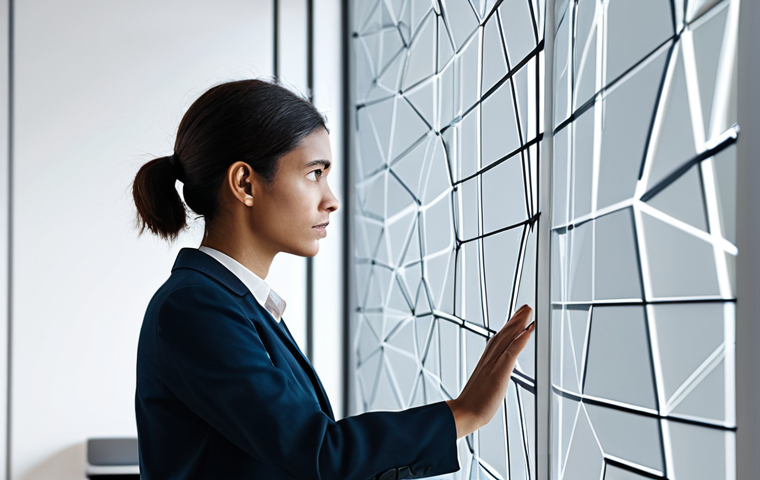 A focused professional, gender-neutral, in a modest business casual outfit, standing thoughtfully beside a large, transparent digital display. One hand gently touching the screen, which shows abstract, interconnected geometric shapes representing complex problems broken into manageable modules. A natural, contemplative pose. The environment is a clean, minimalist, modern office interior with soft, professional lighting. This is a high-resolution, sharp focus, professional photograph with soft ambient lighting. safe for work, appropriate content, fully clothed, professional, perfect anatomy, correct proportions, natural pose, well-formed hands, proper finger count, natural body proportions.