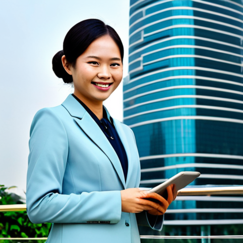 **
A professional businesswoman in a modest business suit, standing confidently in front of a modern skyscraper in Ho Chi Minh City, Vietnam. She is holding a tablet and smiling slightly. Fully clothed, appropriate attire, safe for work, perfect anatomy, natural proportions, professional photography, high quality, modest clothing.
**