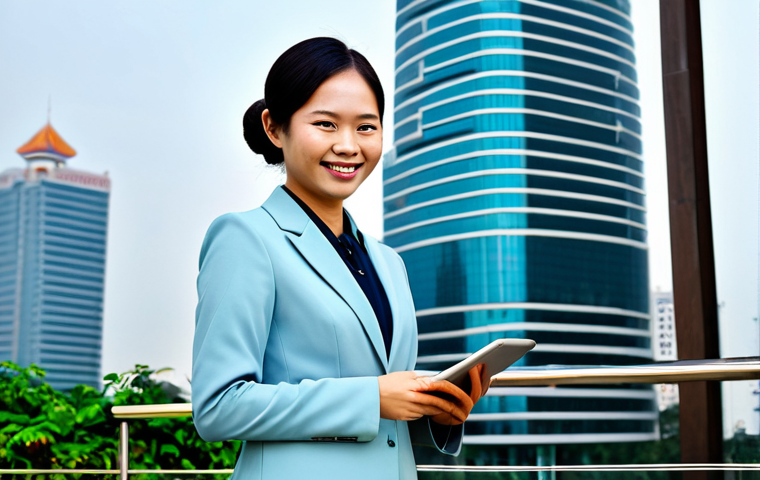 ** A professional businesswoman in a modest business suit, standing confidently in front of a modern skyscraper in Ho Chi Minh City, Vietnam. She is holding a tablet and smiling slightly. Fully clothed, appropriate attire, safe for work, perfect anatomy, natural proportions, professional photography, high quality, modest clothing. **