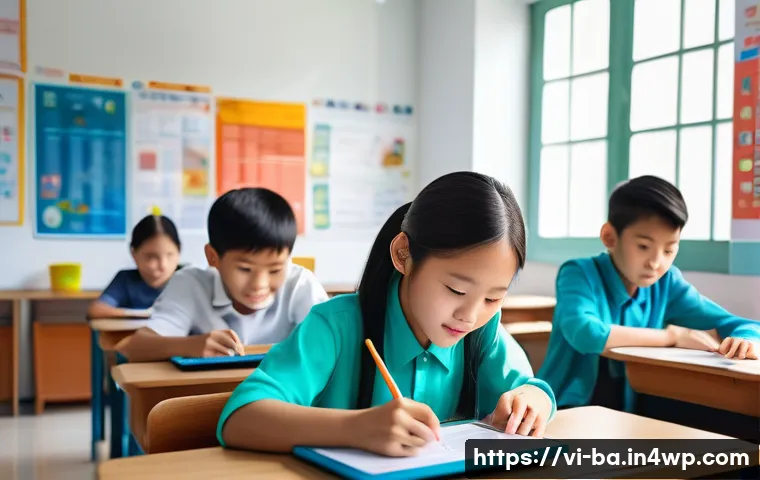 모듈식 접근법의 교육적 가치 - A modern Vietnamese classroom scene showing diverse students of various ages studying with modular l...