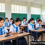 Home 16 모듈식 접근법의 교육 환경 조성 - A modern Vietnamese classroom scene showing students engaged in a modular learning environment: dive...