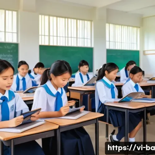 Home 28 모듈식 접근법의 교육 환경 조성 - A modern Vietnamese classroom scene showing students engaged in a modular learning environment: dive...