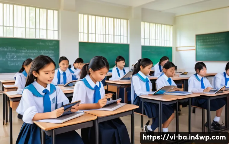 모듈식 접근법의 교육 환경 조성 - A modern Vietnamese classroom scene showing students engaged in a modular learning environment: dive...